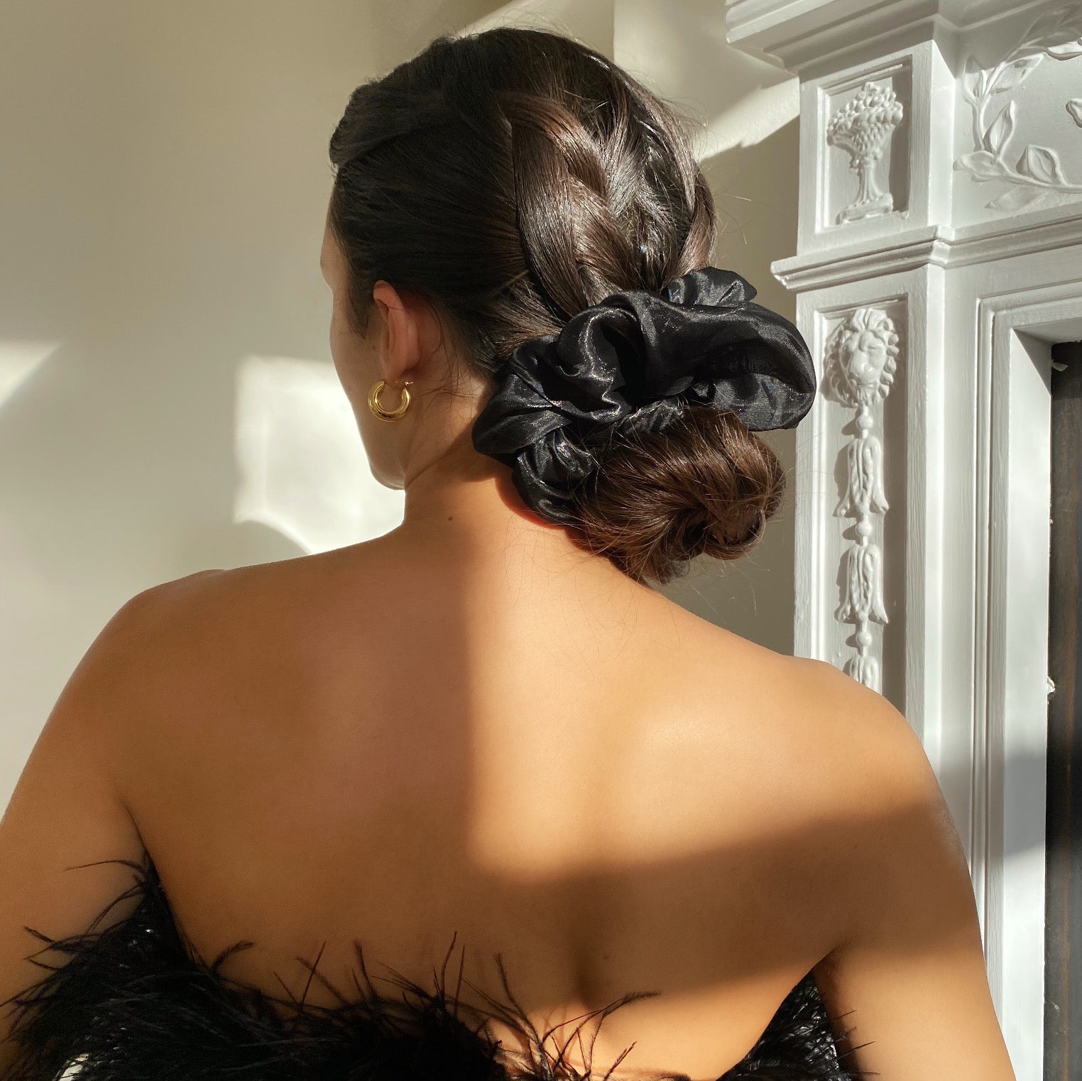 Anisa Sojka Black Oversized Hair Scrunchie and Interlocking Hoop Earrings